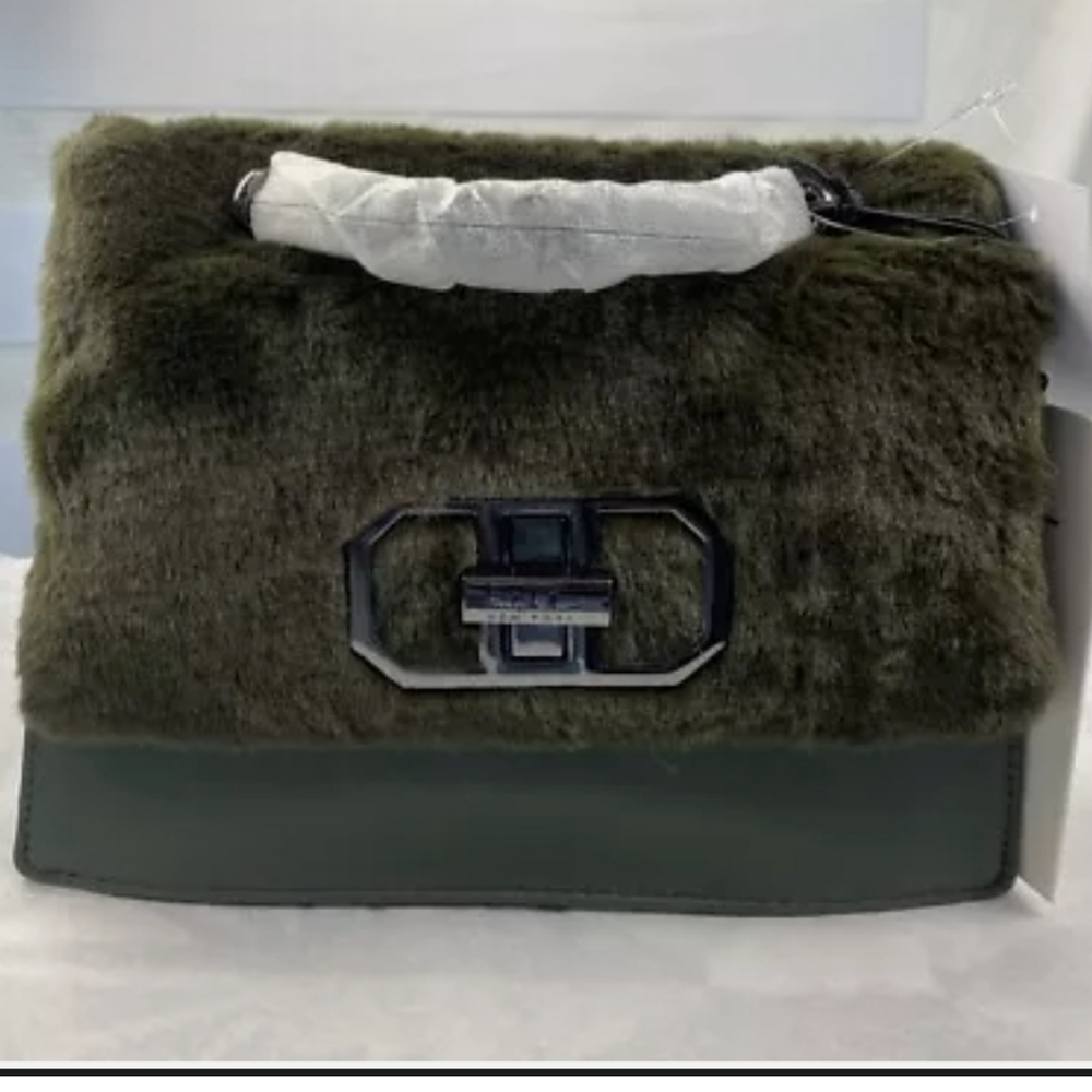 Nicole Miller Olive Green Faux Fur 9x6x3 Handbag w Shoulder Strap NWT